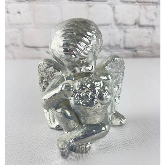 Vintage Silver Angel Figurine Cherub Statue 90s Holiday Decor Guardian Angel - Picture 2 of 16